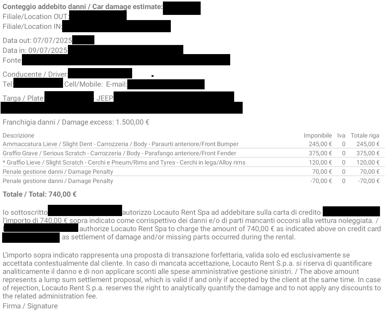 Rental Company Damage Charges - Invoice